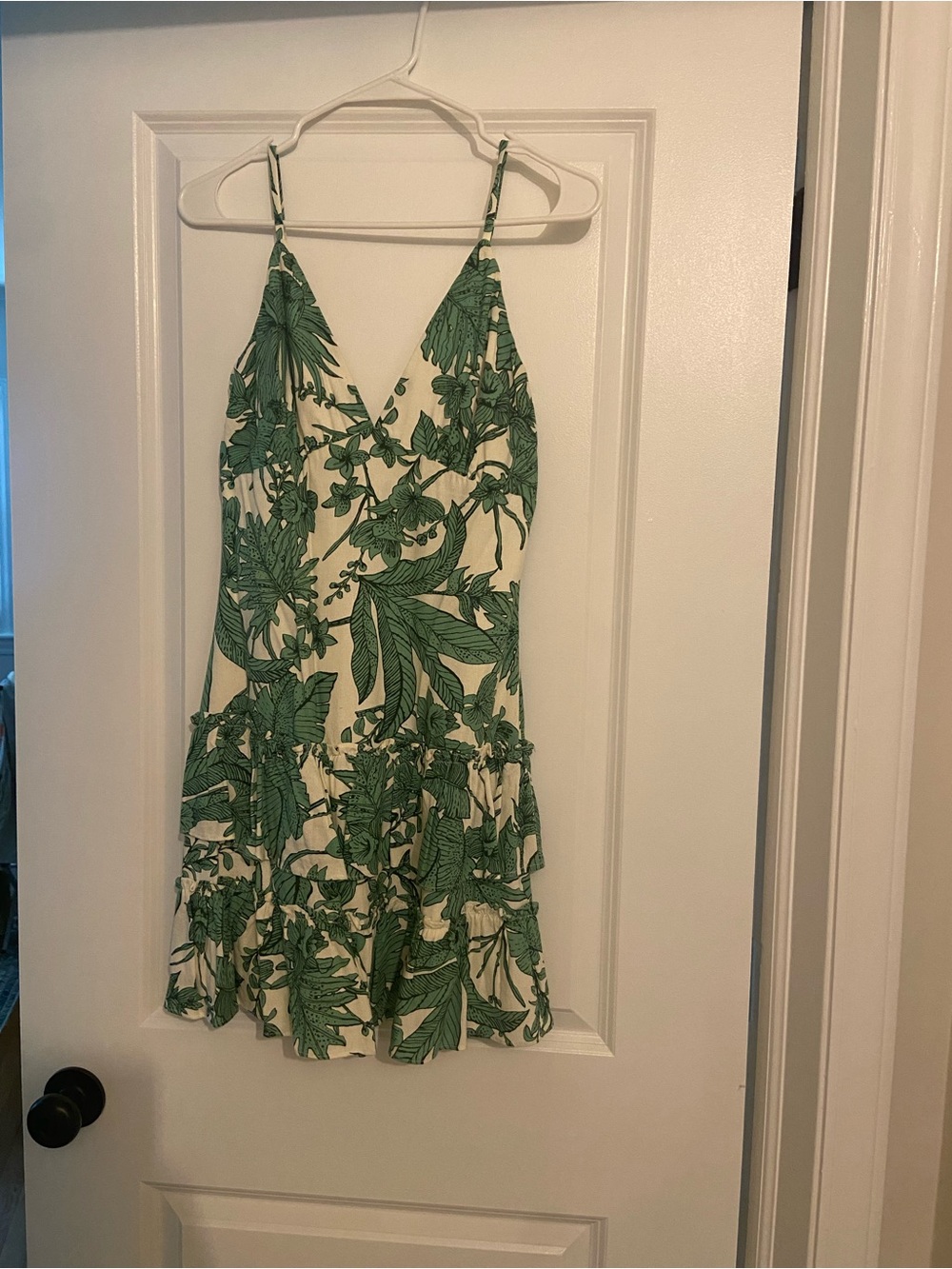 Aqua Green Leaf-Print Spaghetti Strap Mini Dress